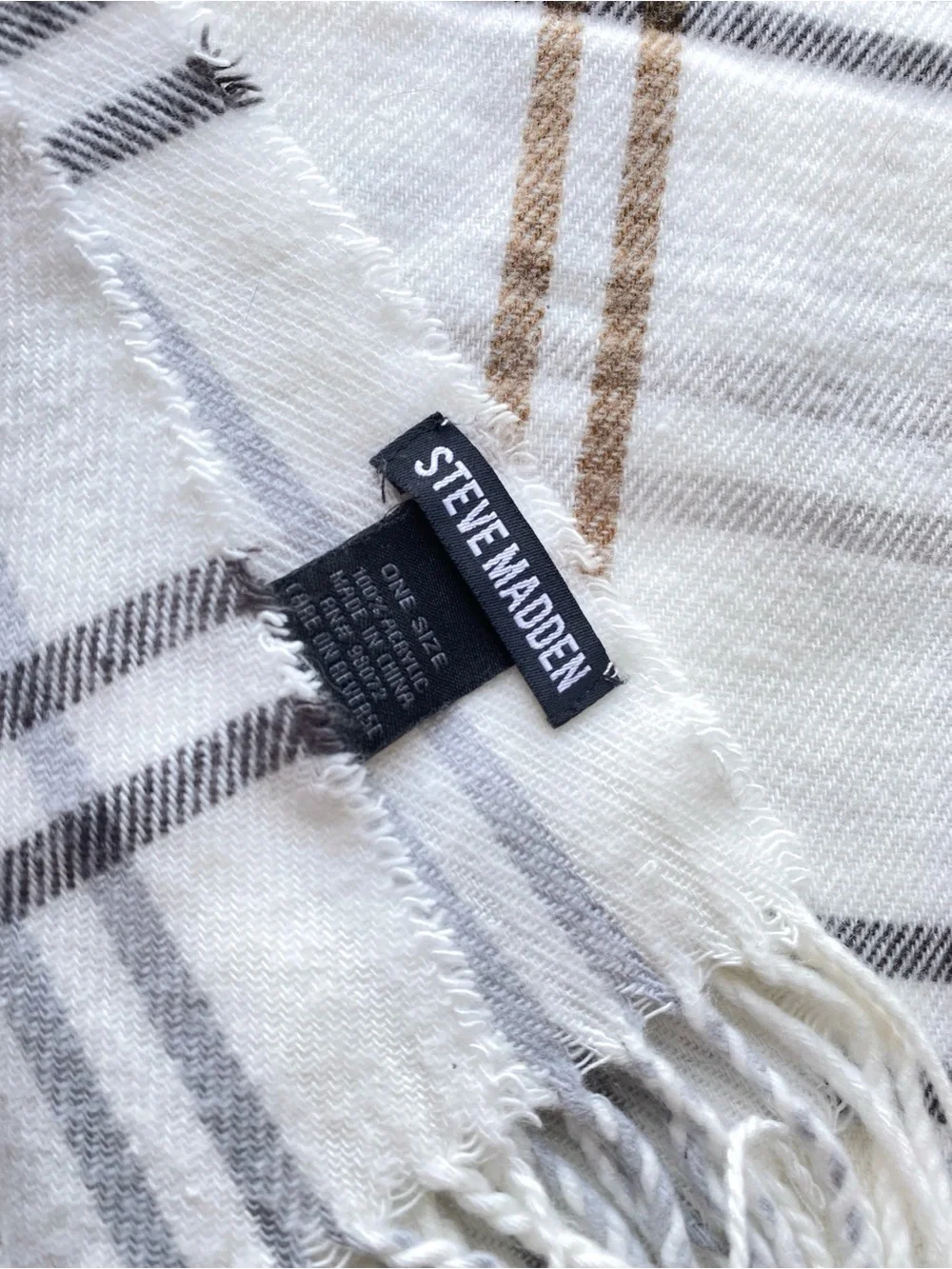 Steve Madden Plaid Fringe Scarf – White, Tan, Gray & Black – One Size